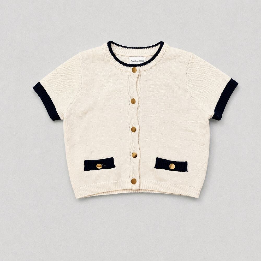 Freshman 1996 Cream & Navy Knit Short Sleeve Cardigan | Gold Button | Women’s M